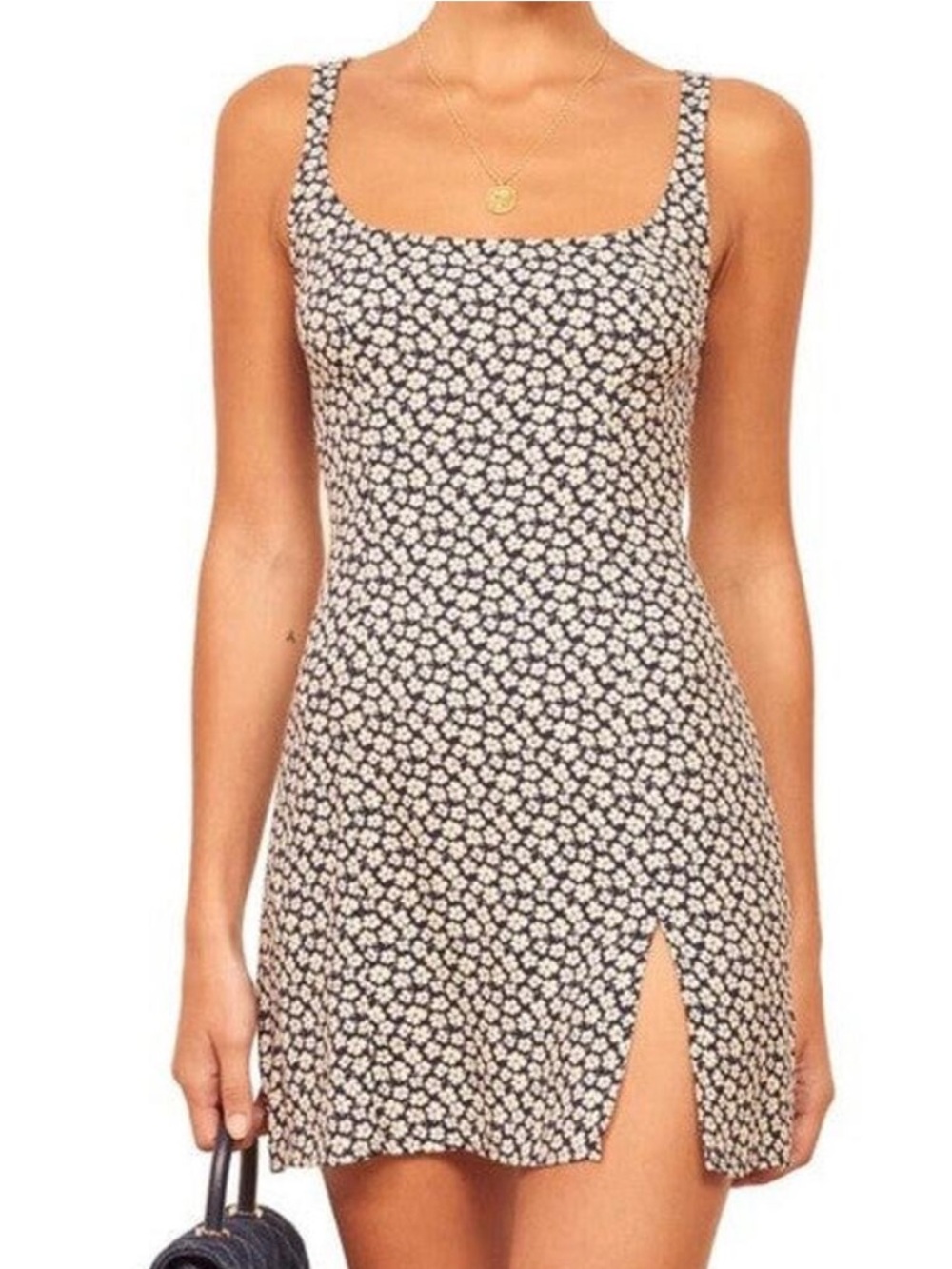 Reformation Noha Dark Blue White Floral Print Slit Mini Dress in Quito Size 4